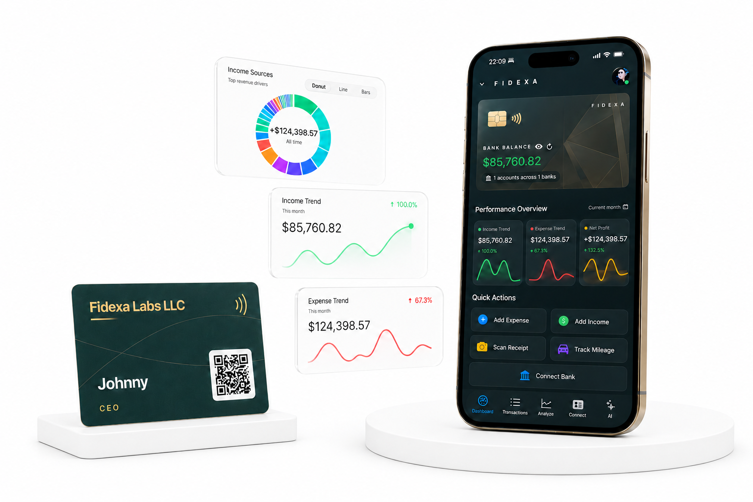 Fidexa on iPhone with a digital business card and live income and expense charts